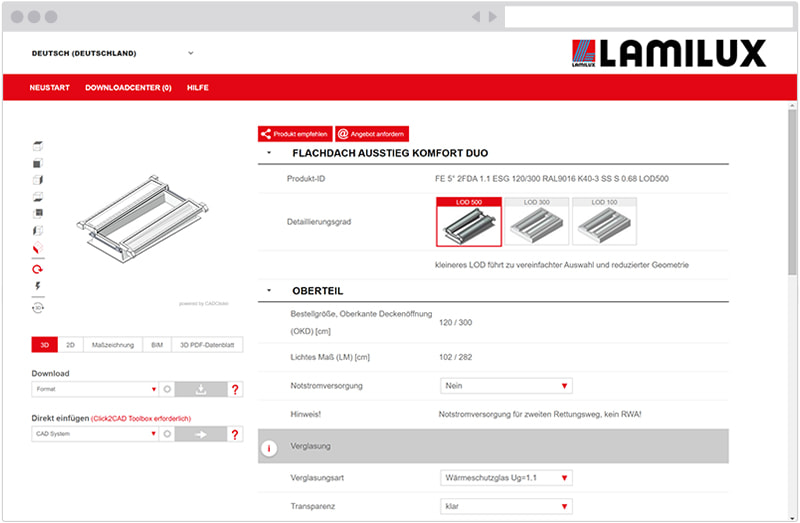 LAMILUX Produktkonfigurator Flachdach Ausstieg Komfort Duo 
