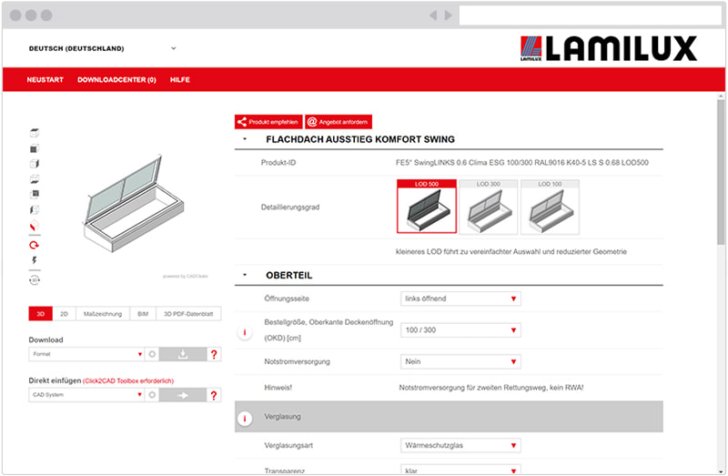 LAMILUX Produktkonfigurator Flachdach Ausstieg Komfort Swing