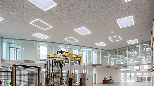 Außenansicht vom Dach des Zaltech-Gebäudes in Moosdorf, Österreich, mit LAMILUX Flachdach Fenstern F100 und runden Flachdach Fenstern FE.