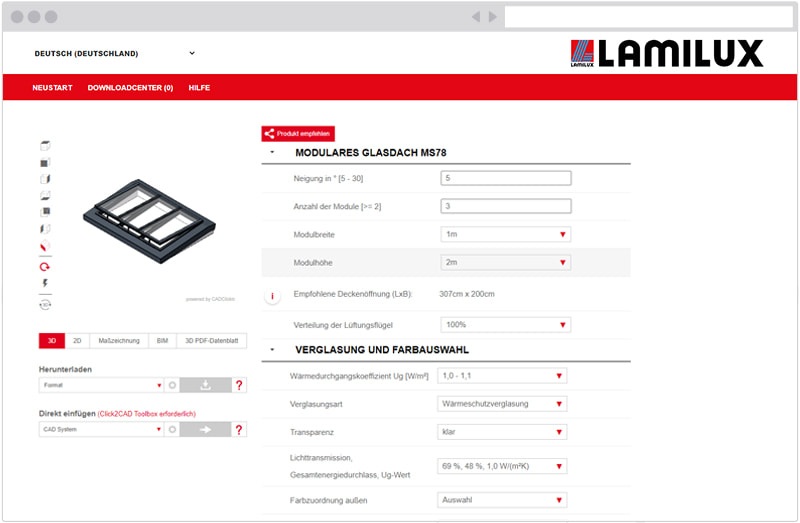 LAMILUX Konfigurator Modulares Glasdach MS78