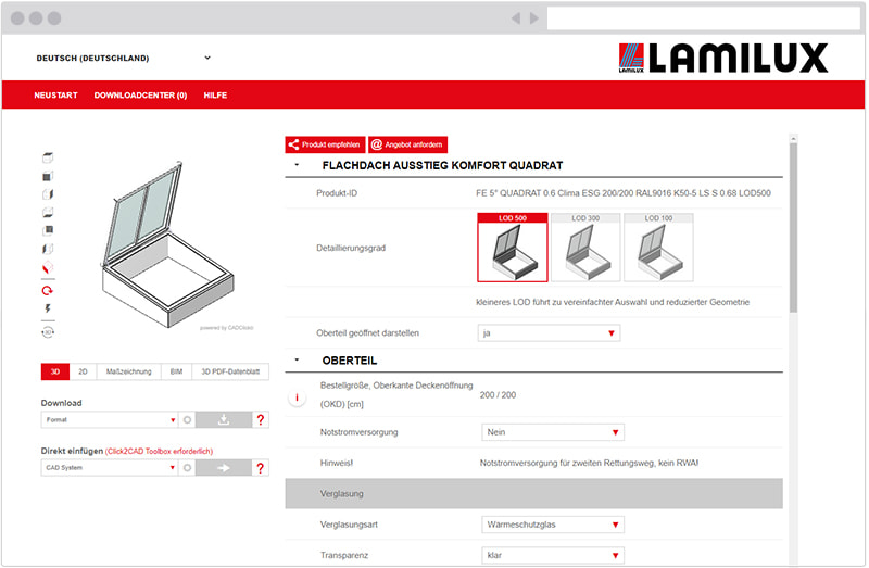 LAMILUX Produktkonfigurator Flachdach Ausstieg Komfort Quadrat